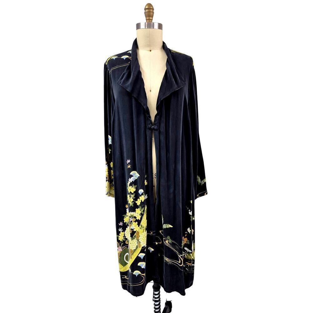 Citron Santa Monica 100% Silk Kimono Brushed Black yellow floral Border Print OS